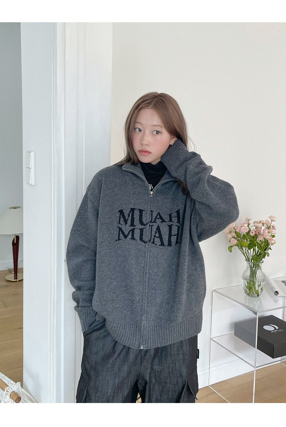 [muahmuah] LAMBSWOOL JACQUARD KNIT ZIPUP 2色 女性服  デイリー 新商品