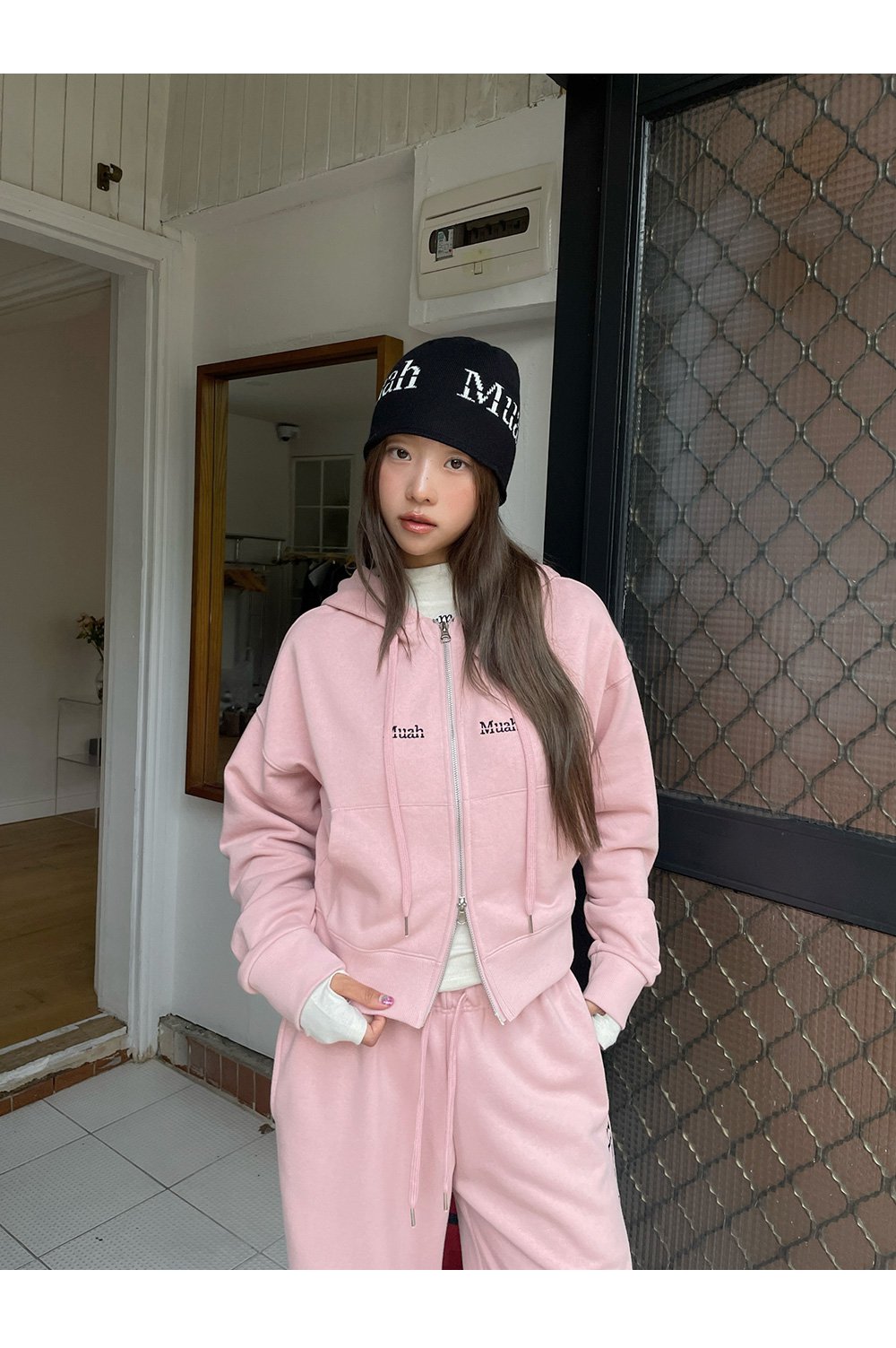 [muahmuah] LOGO STITCH REGULAR FIT HOOD ZIP UP 3色 ストリートファッション dailylook