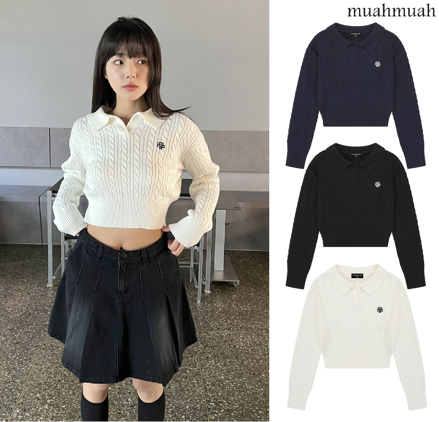 [muahmuah] LOGO OPEN COLLAR CABLE KNIT 3色 dailylook