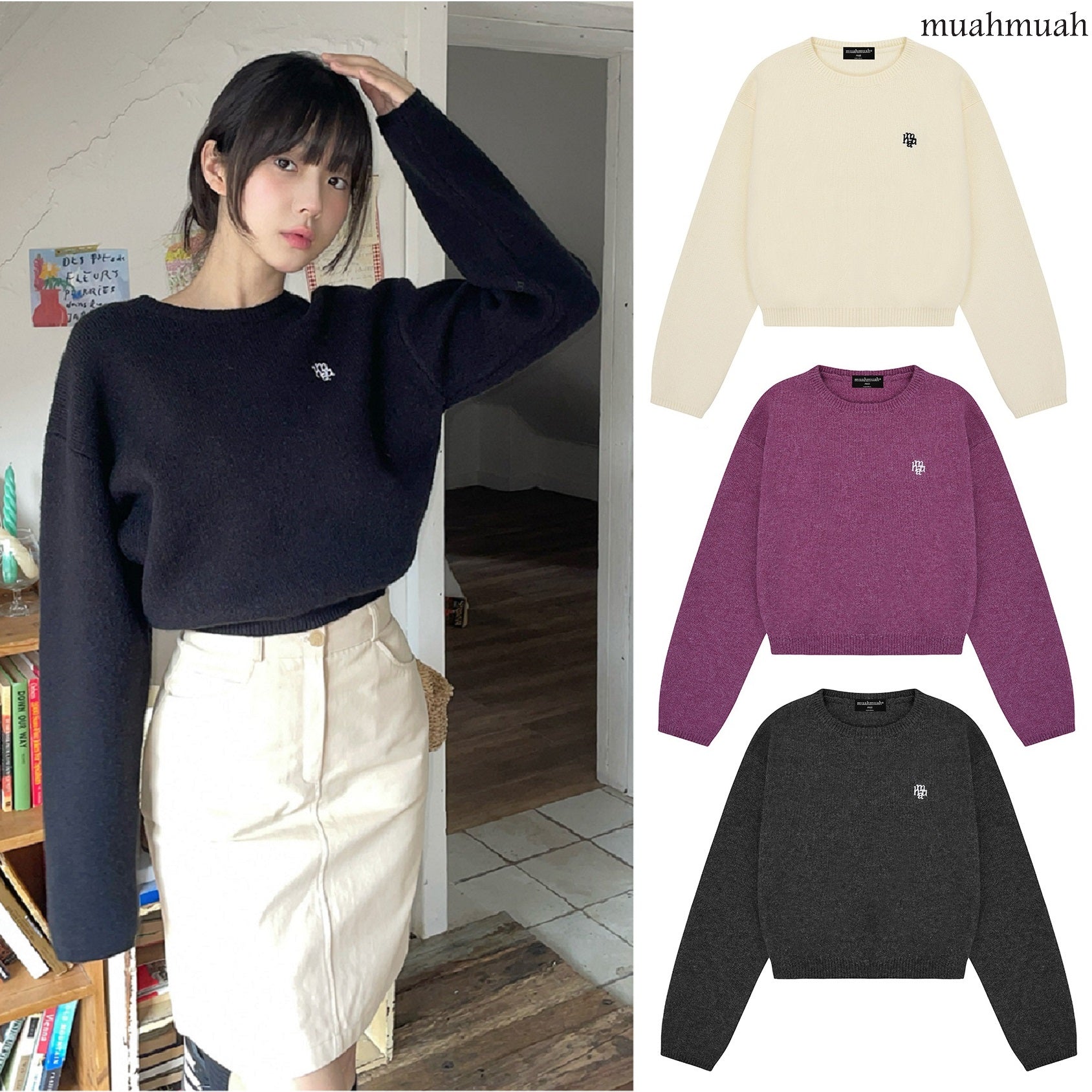 [muahmuah] STITCH LOGO ROUND KNIT 4色 dailylook