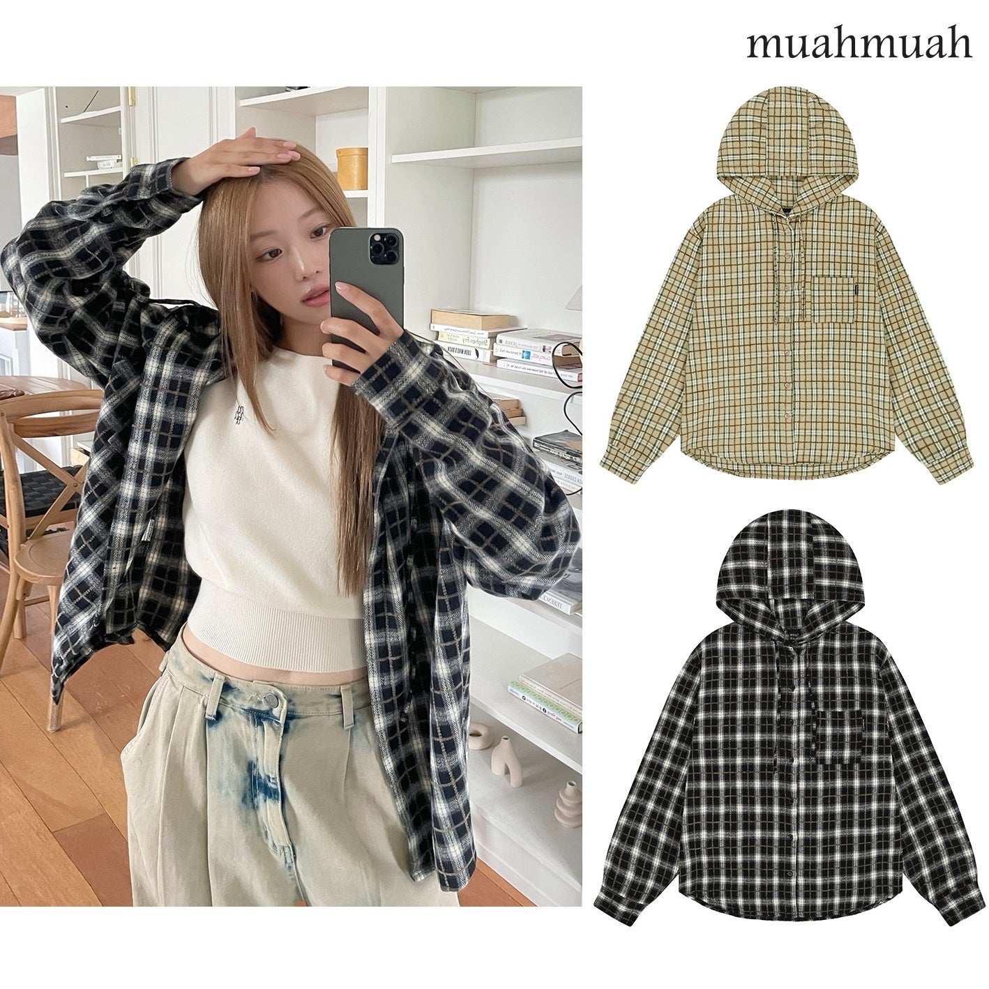 [muahmuah] POINT LABEL CHECK HOOD SHIRT 2色 dailylook