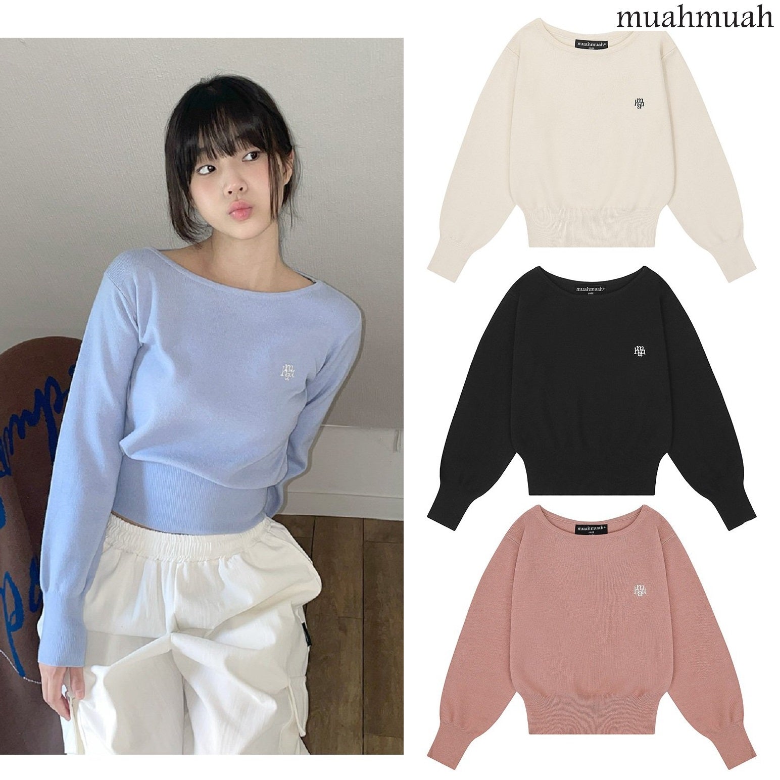 [muahmuah] STITCH LOGO SOFT BOATNECK KNIT 4色 dailylook