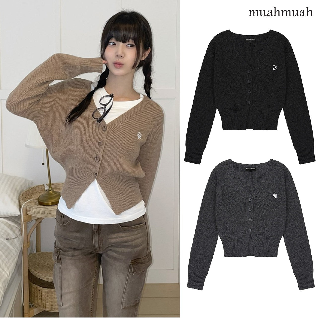 [muahmuah] STITCH WOOL KNIT CROP CARDIGAN 3色 女性服  デイリー 新商品