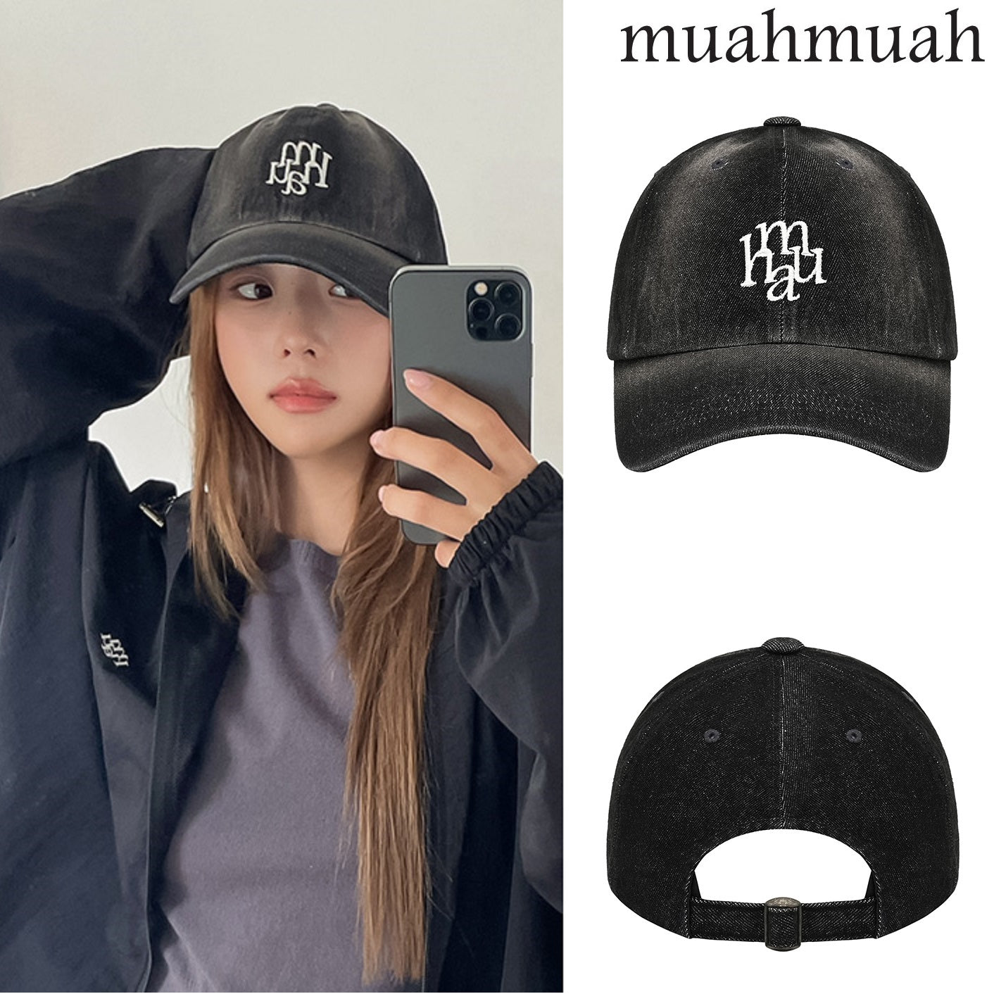 [muahmuah] LOGO STITCH WASHED DENIM BALL CAP 新商品 韓国人気