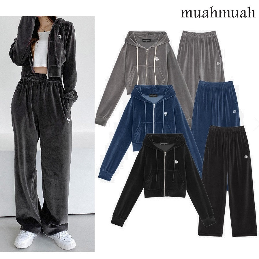 [muahmuah] [SET] Velvet training hooded zip-up / pants set-up  3色 女性服 dailylook