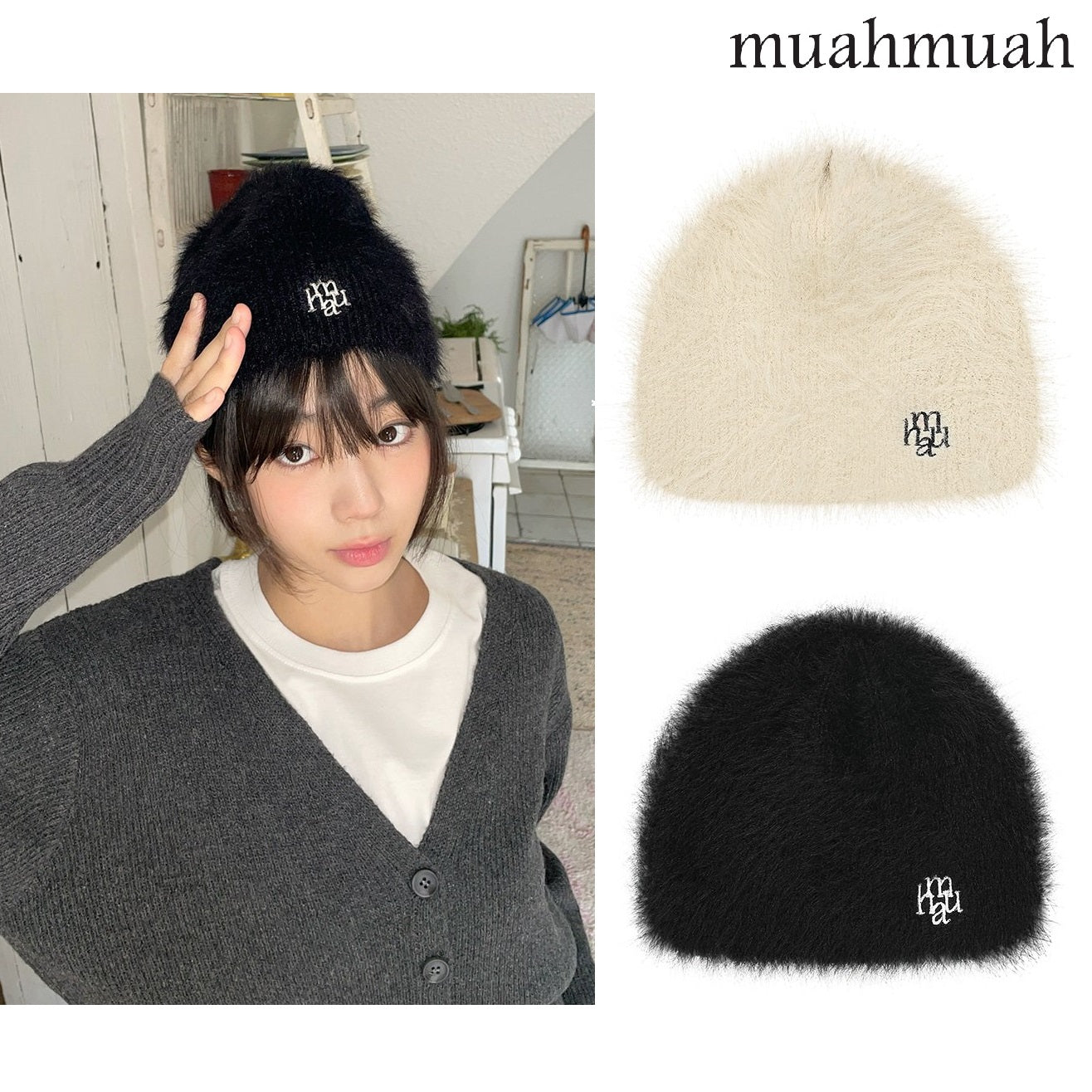 [muahmuah] LOGO STITCH ANGORA BEANIE 2色 デイリー 新商品