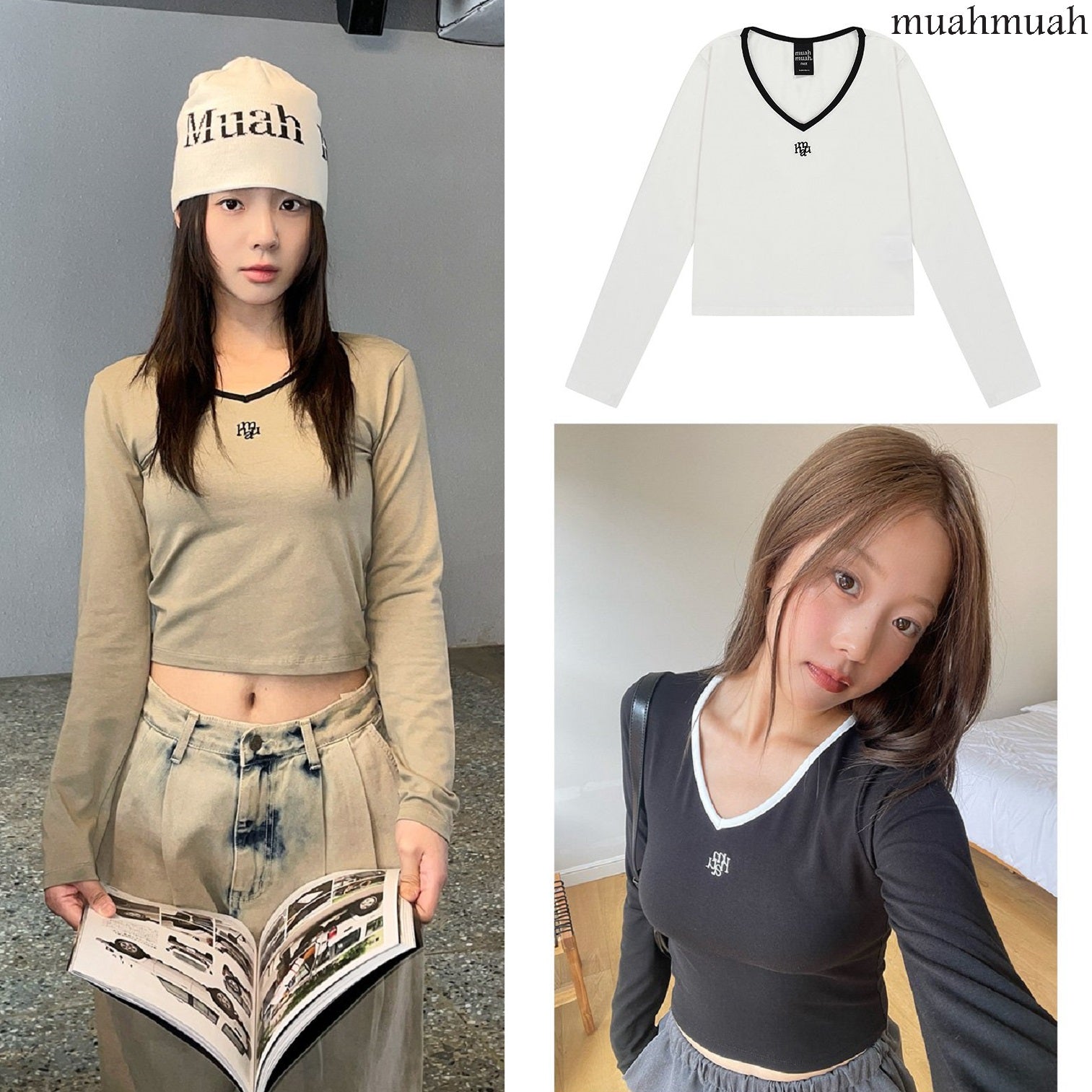 [muahmuah] LOGO STITCH V-NECK COLORING LONG SLEEVE 3色 新商品