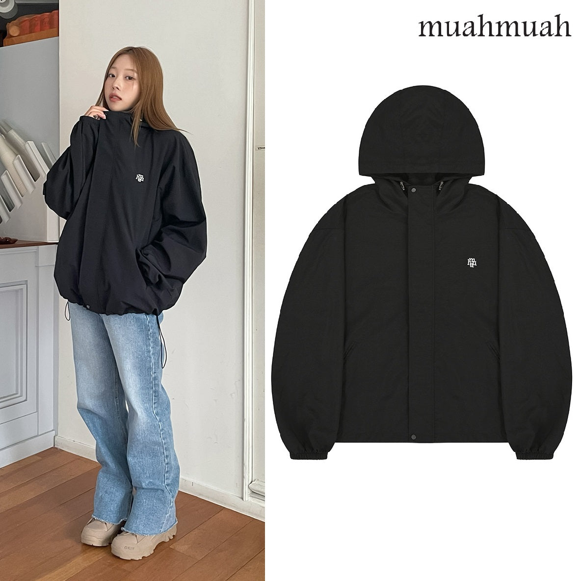 [muahmuah]  LOGO PLACKET WINDBREAKER JACKET _ BLACK デイリー 新商品 韓国人気