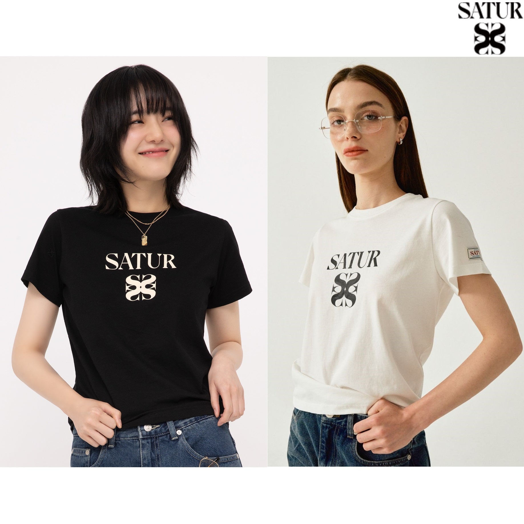 [SATUR] classic logo short sleeve t-shirt 2色 カップルアイテム  夏ファッション