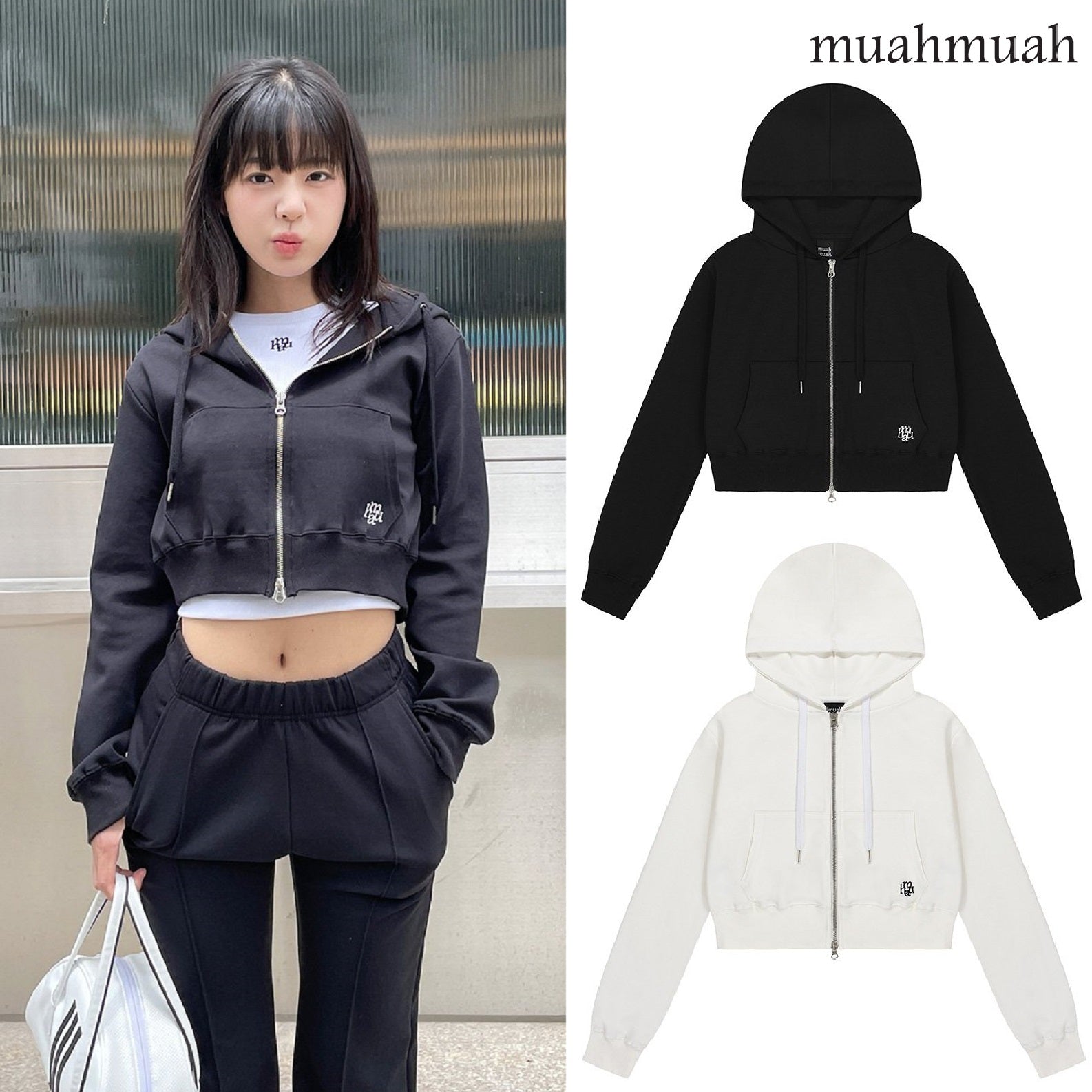 [muahmuah] LOGO STITCH CROP HOOD ZIPUP 2色 ストリートファッション dailylook