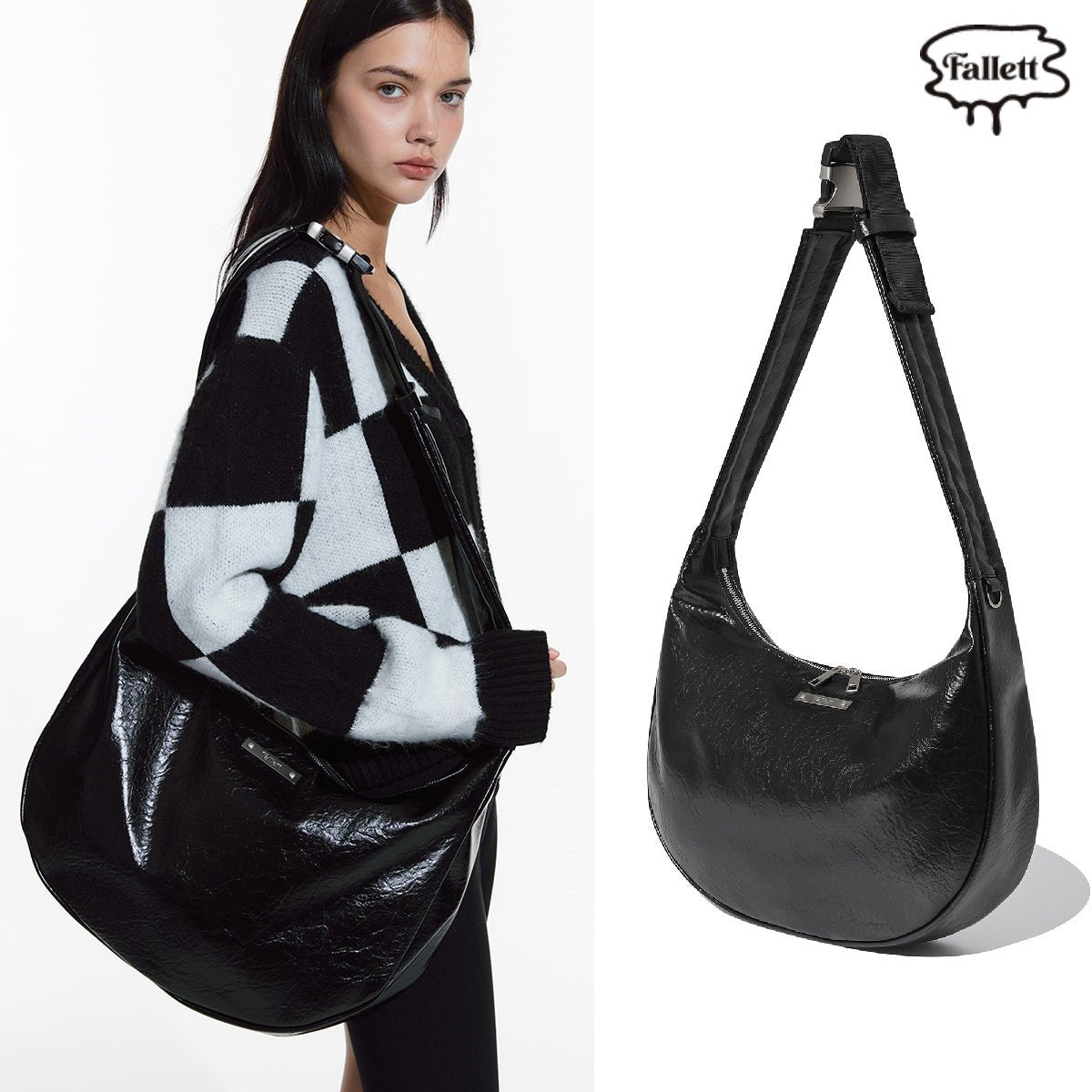 [FALLETT]24 S/S Crack Leather Moon bag _ Black 新商品 デイリー 女性バッグ - コクモト KOCUMOTO