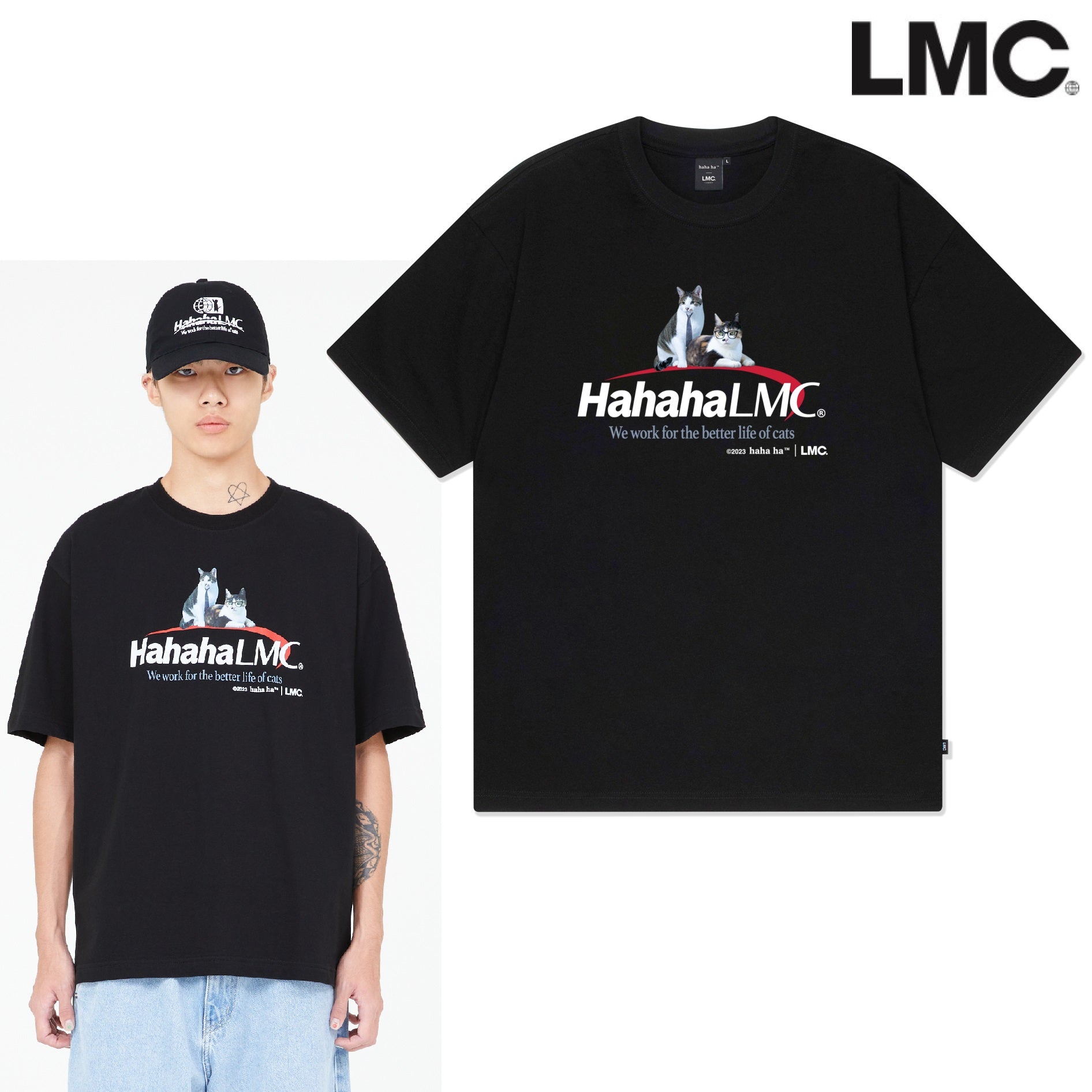 [LMC]X HAHA HA OFFICE CATS TEAM LEADER TEE _black カップルアイテム 夏ファッション - コクモト KOCUMOTO