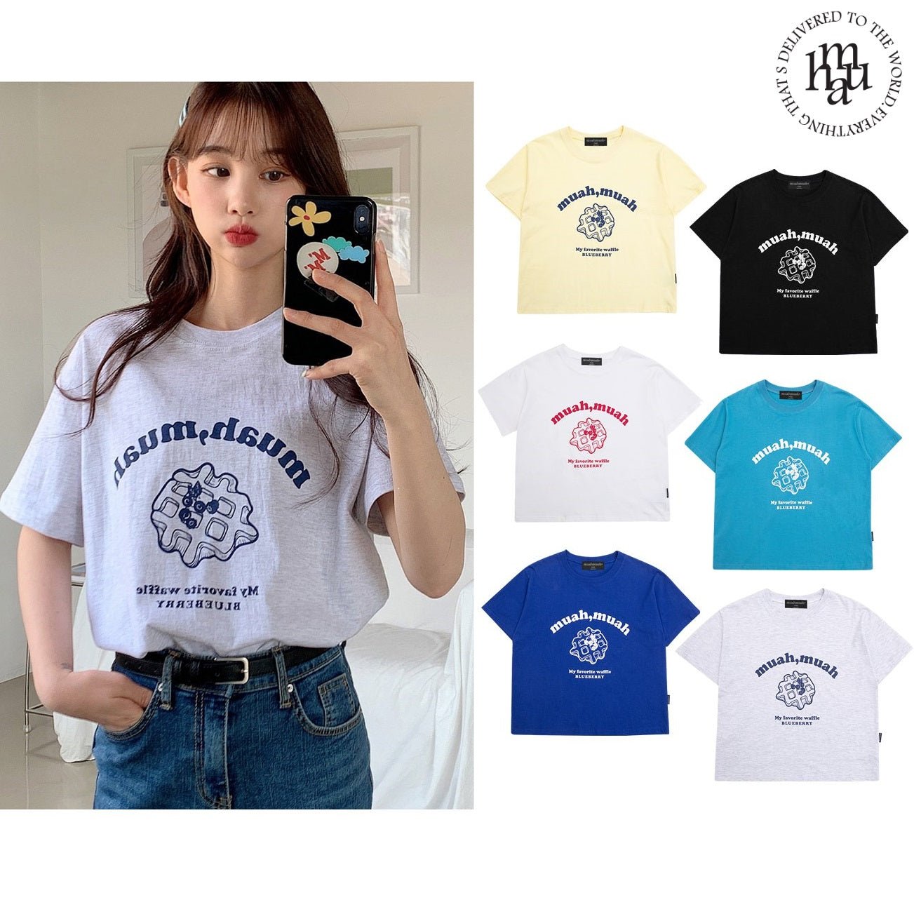 [muahmuah] waffle printing half t-shirt 6色 デイリー 韓国人気 夏のファッション - コクモト KOCUMOTO