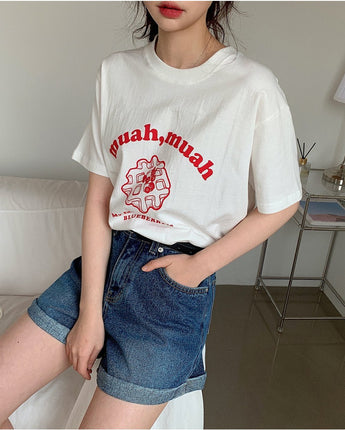 [muahmuah] waffle printing half t-shirt 6色 デイリー 韓国人気 夏のファッション - コクモト KOCUMOTO