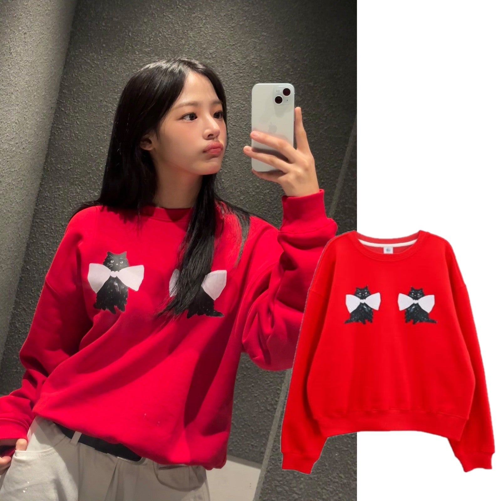 【RONRON】【NEWJEANS MINJI着用】RIBBON CATS SWEATSHIRTS RED - コクモト KOCUMOTO