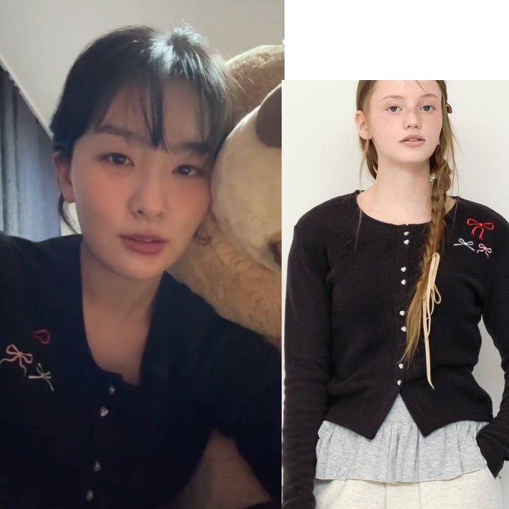 【RONRON】【Red Velvet SEULGI 着用】 HEART BUTTON 3 RIBBON CARDIGAN BLACK - コクモト KOCUMOTO