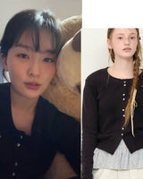 【RONRON】【Red Velvet SEULGI 着用】 HEART BUTTON 3 RIBBON CARDIGAN BLACK - コクモト KOCUMOTO