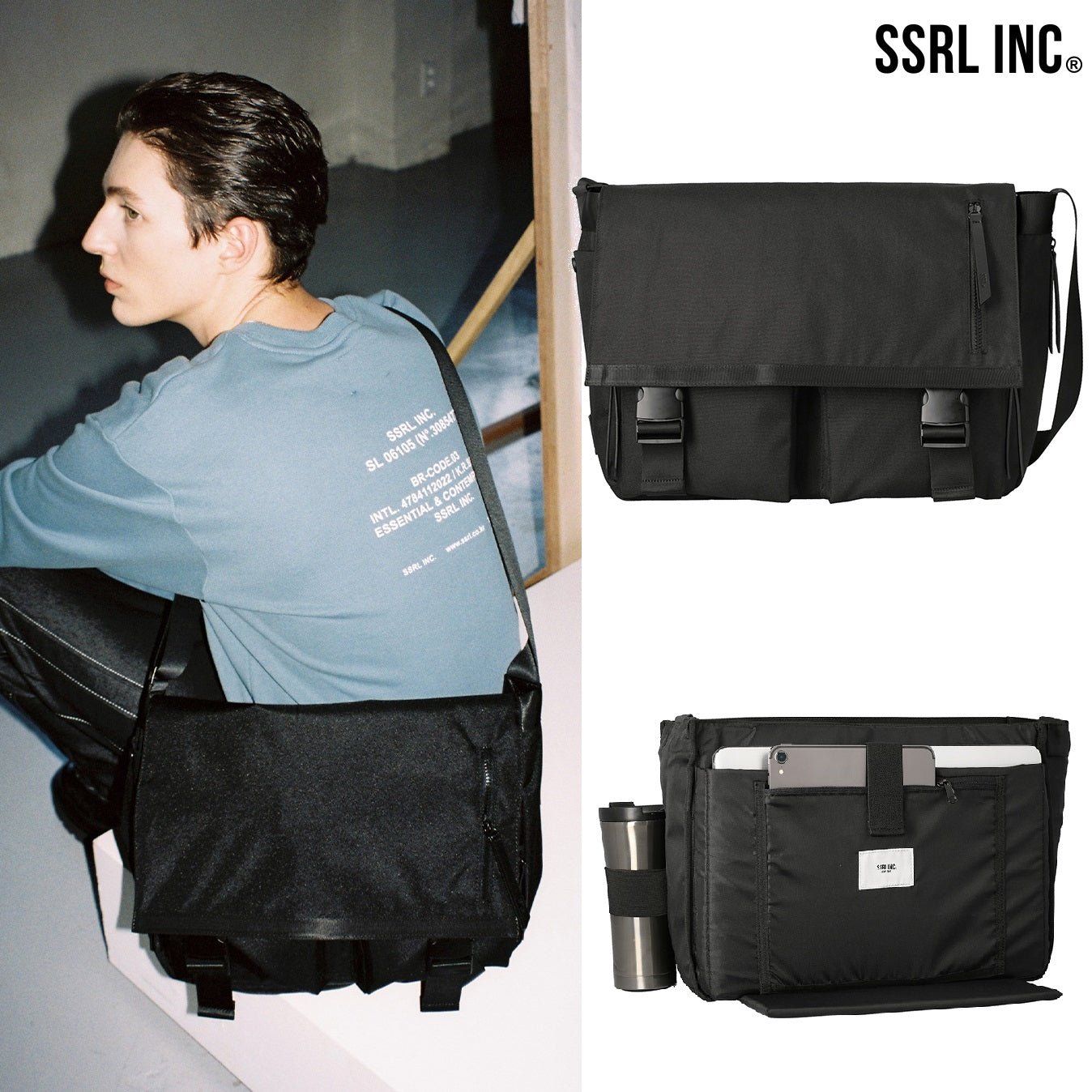 [SSRL] dual pocket messenger bag / black (SMB001-101) 韓国人気 デイリーバッグ - コクモト KOCUMOTO