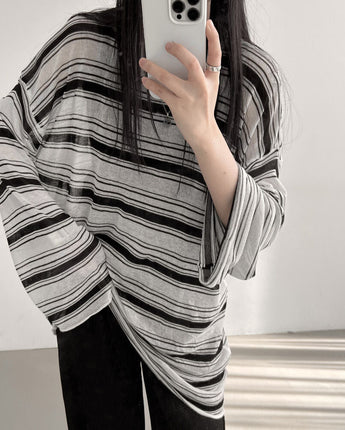 [韓国女性人気ファッション]ストライプオーバーサイズシースルーTシャツ - コクモト KOCUMOTO