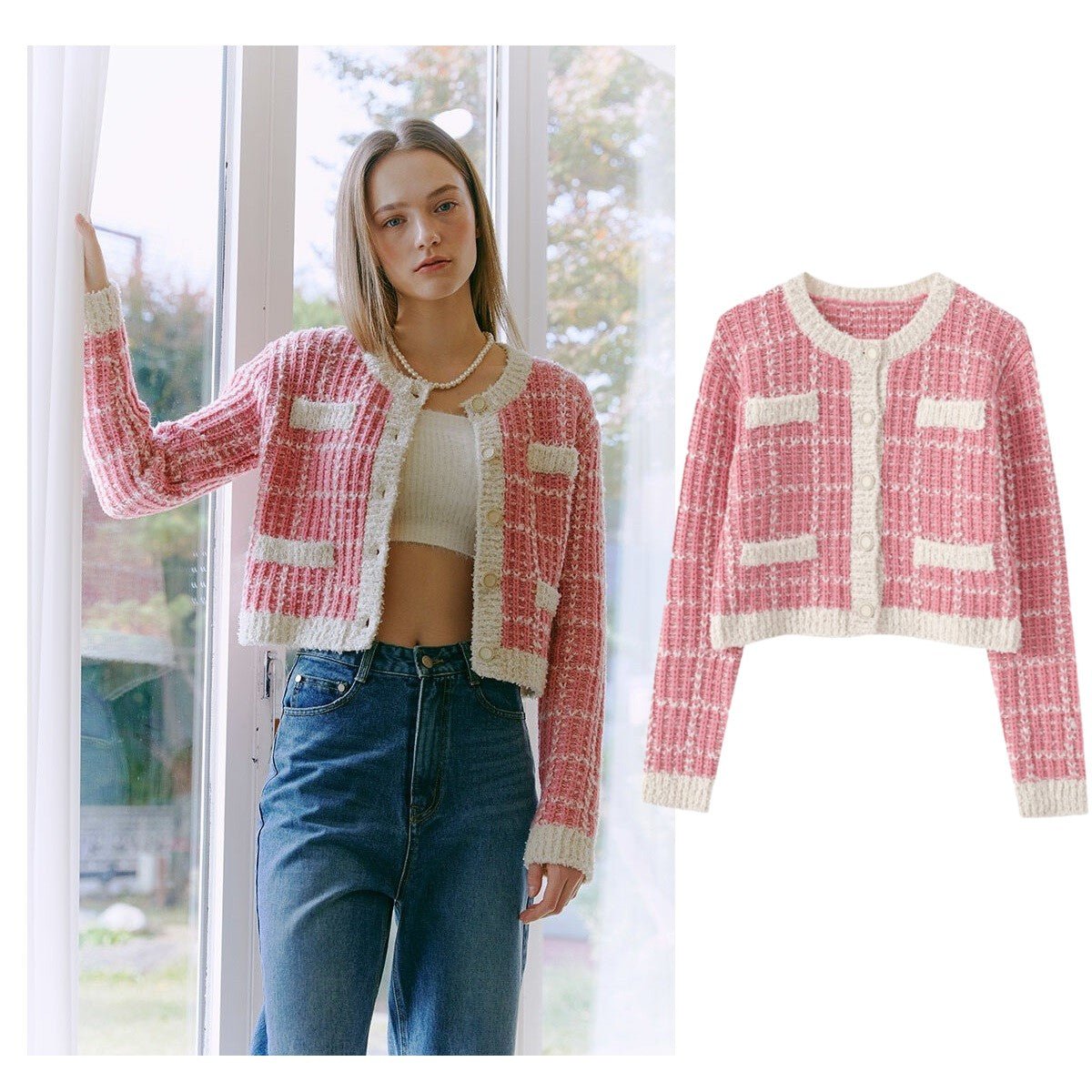 [ETMON] [IVE WONYOUNG着用] Tweed Knit Cardigan [Pink] - コクモト KOCUMOTO