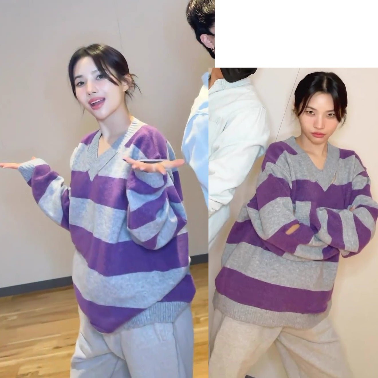 [HOODHOOD] [(G)I-DLE So-yeon 着用] Stripe cut-out V neck knit PURPLE - コクモト KOCUMOTO