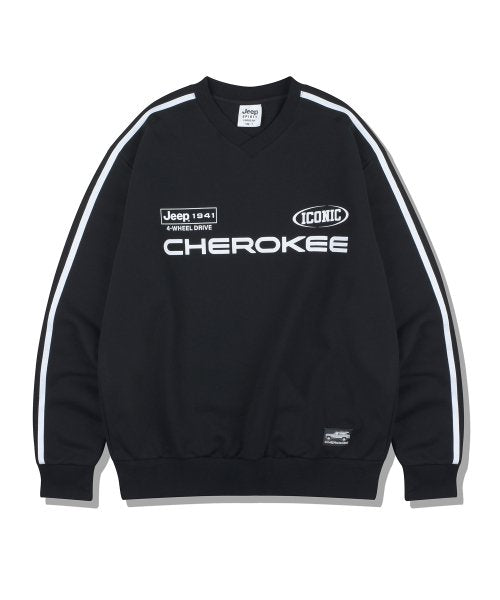 [JEEP] CHEROKEE Racing V-neck Sweatshirt _ BLACK (JO5TSU827BK) 韓国ファッション カップルアイテム - コクモト KOCUMOTO