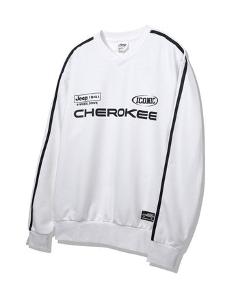 [JEEP] CHEROKEE Racing V-neck Sweatshirt _ WHITE (JO5TSU827WH) 韓国ファッション カップルアイテム - コクモト KOCUMOTO