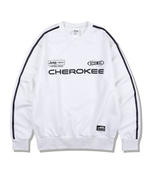 [JEEP] CHEROKEE Racing V-neck Sweatshirt _ WHITE (JO5TSU827WH) 韓国ファッション カップルアイテム - コクモト KOCUMOTO