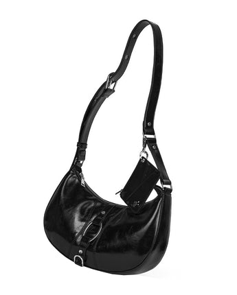 [LEATHERY] Crack Effect Halfmoon Shoulder Cross-Bag [BLACK] 新商品 デイリー 女性バッグ - コクモト KOCUMOTO