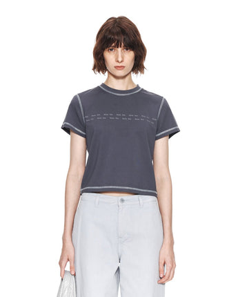 [MATIN KIM] 23 F/W DOUBLE LINE LOGO STITCH CROP TOP IN CHARCOAL - コクモト KOCUMOTO