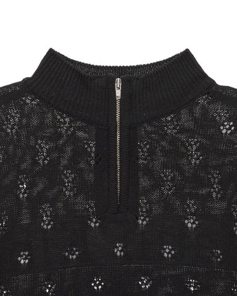 [MATIN KIM] [韓国人気] CROCHET HALF ZIP UP KNIT TOP IN BLACK - コクモト KOCUMOTO