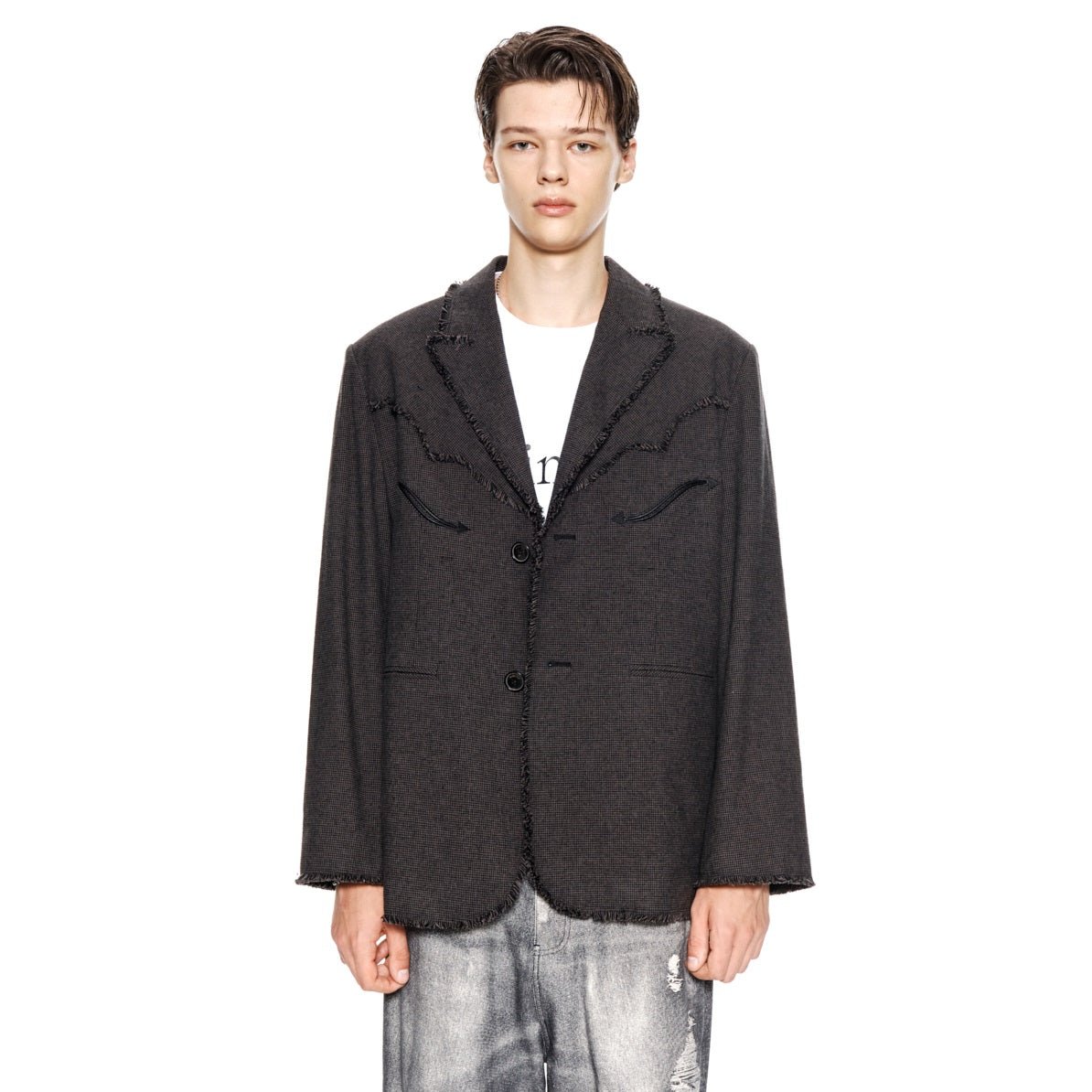 [MATIN KIM] [韓国人気] RAW CUT CHECK BLAZER FOR MEN IN CHARCOAL - コクモト KOCUMOTO