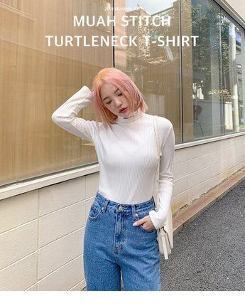 [muahmuah] [1+1割引] muah Stitch Turtleneck T-Shirt 3色 韓国人気 肝節期 韓国ファッション ストリートファッション 女性服 Tシャツ - コクモト KOCUMOTO