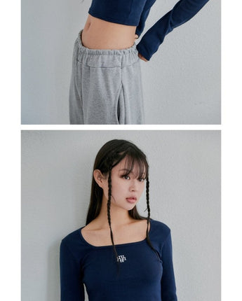 [muahmuah] [1+1]Square Neck Cropped Long sleeve T-shirt 5色 韓国人気 女性服 - コクモト KOCUMOTO