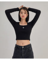 [muahmuah] [1+1]Square Neck Cropped Long sleeve T-shirt 5色 韓国人気 女性服 - コクモト KOCUMOTO