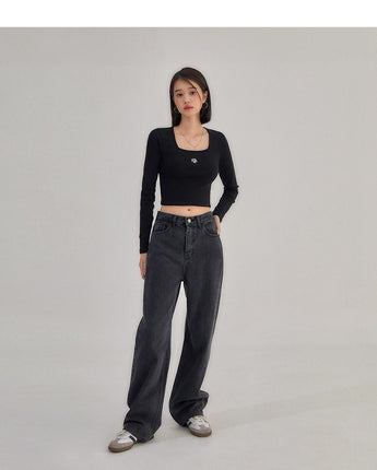 [muahmuah] [1+1]Square Neck Cropped Long sleeve T-shirt 5色 韓国人気 女性服 - コクモト KOCUMOTO