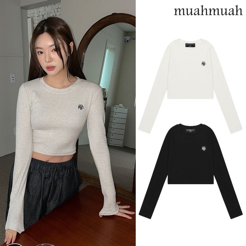 [muahmuah] Logo Stitch Crop Long Sleeve 3色 新商品 韓国人気 肝節期 女性服 - コクモト KOCUMOTO