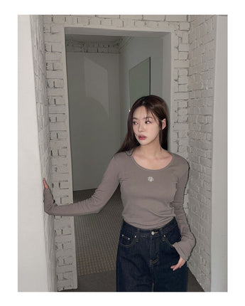 [muahmuah] Stitch U-neck Cotton Span Long Sleeve 5色 新商品 韓国人気 肝節期 女性服 - コクモト KOCUMOTO