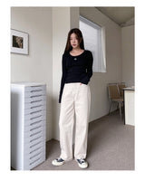 [muahmuah] Stitch U-neck Cotton Span Long Sleeve 5色 新商品 韓国人気 肝節期 女性服 - コクモト KOCUMOTO