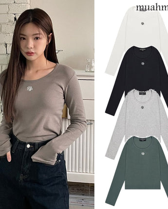 [muahmuah] Stitch U-neck Cotton Span Long Sleeve 5色 新商品 韓国人気 肝節期 女性服 - コクモト KOCUMOTO