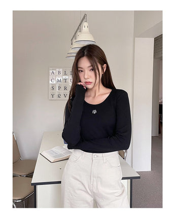 [muahmuah] Stitch U-neck Cotton Span Long Sleeve 5色 新商品 韓国人気 肝節期 女性服 - コクモト KOCUMOTO