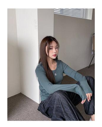 [muahmuah] Stitch U-neck Cotton Span Long Sleeve 5色 新商品 韓国人気 肝節期 女性服 - コクモト KOCUMOTO