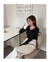 [muahmuah] Stitch U-neck Cotton Span Long Sleeve 5色 新商品 韓国人気 肝節期 女性服 - コクモト KOCUMOTO