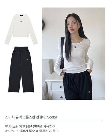 [muahmuah] Stitch U-neck Cotton Span Long Sleeve 5色 新商品 韓国人気 肝節期 女性服 - コクモト KOCUMOTO