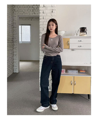 [muahmuah] Stitch U-neck Cotton Span Long Sleeve 5色 新商品 韓国人気 肝節期 女性服 - コクモト KOCUMOTO