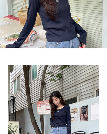 [muahmuah] Stitch U neck Long-sleeve T-shirt 4色 FREE新商品 韓国人気 女性服 ストリートファッション 夏ファッション - コクモト KOCUMOTO