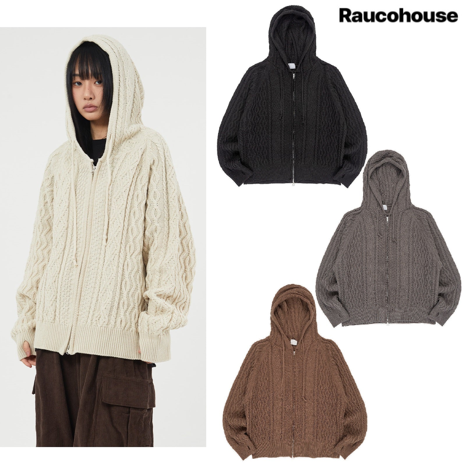 [Raucohouse] Cable twisted knit hooded zip-up 4色 (UNISEX) - コクモト KOCUMOTO