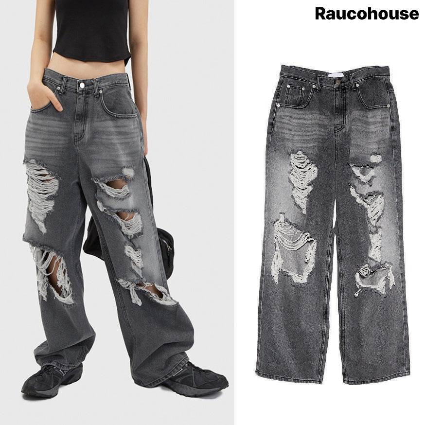 [Raucohouse] Gray Brush Destroyed Wide Denim Pants 新商品 男女共用 - コクモト KOCUMOTO