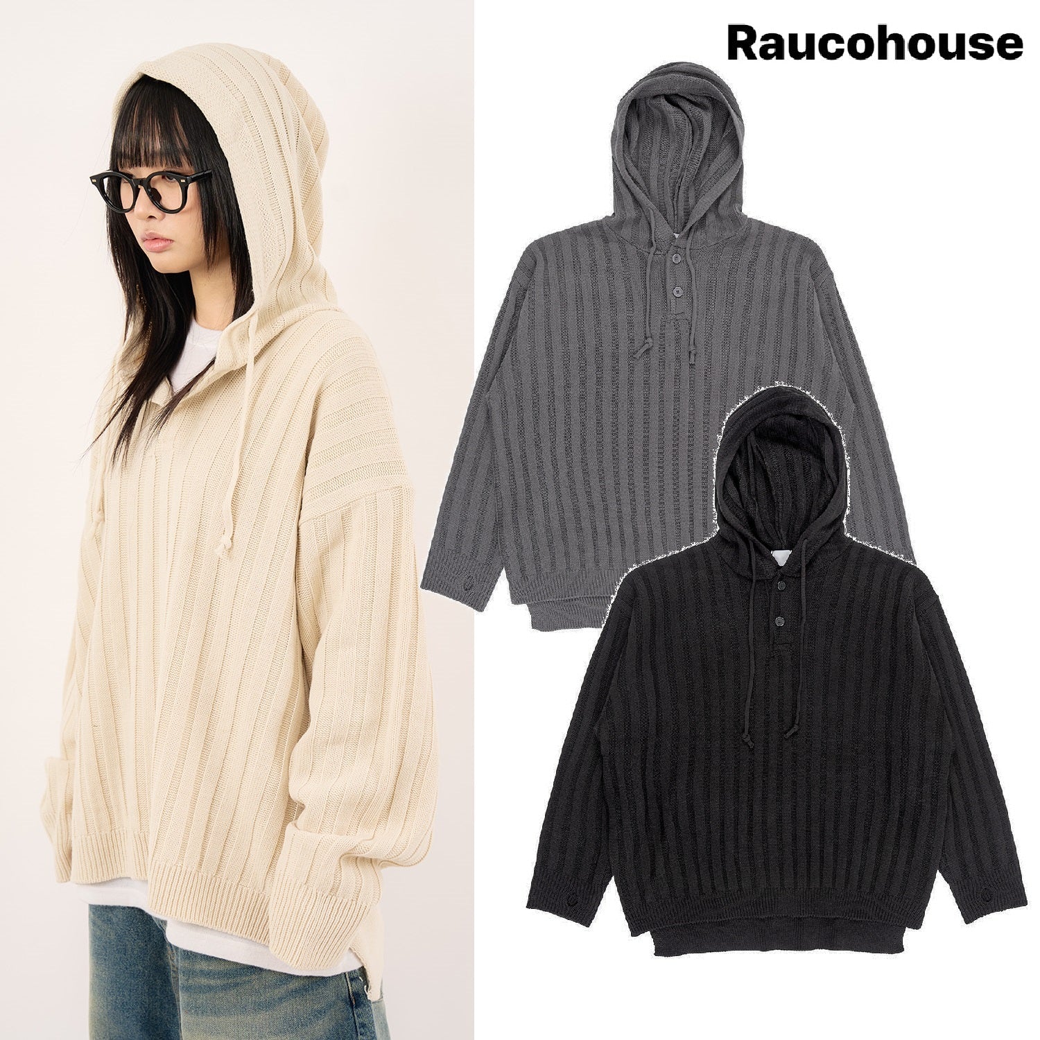 [Raucohouse] Henry neck hooded warmer ribbed over knit 3色 dailylook - コクモト KOCUMOTO