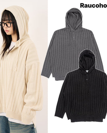 [Raucohouse] Henry neck hooded warmer ribbed over knit 3色 dailylook - コクモト KOCUMOTO